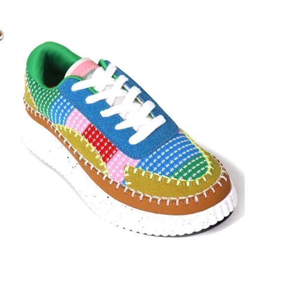 Kaleidoscope Kicks: Multicolor Knitted Patchwork Sneakers - Picture 1 of 9